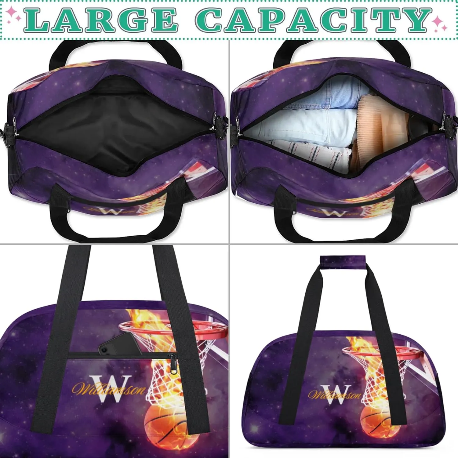 Kids Duffle Bag Personalized Gym Bag Overnight Bags, Ideal for Travel and Sports, Suitable for Men Women for Gym, Dance, Yoga, Durable Waterproof Sport Overnight Handbags Basketball Fire