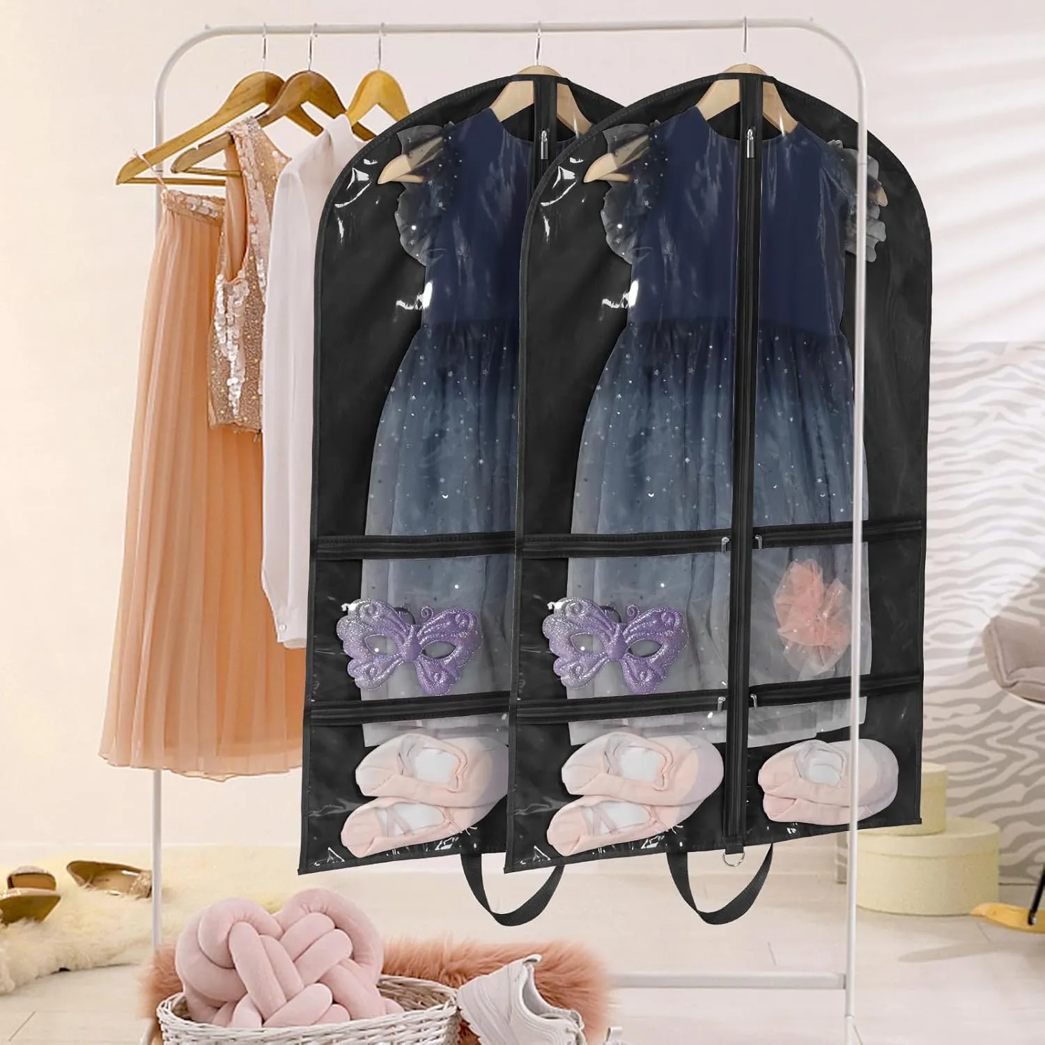 Kids Garment Bags for Dance Costumes, 40" Dance Garment Bags for Dancers with 4 Clear Zipper Pockets, Foldable Dance Competition Garment Bags for Hanging Clothes, 3 Pack, Black