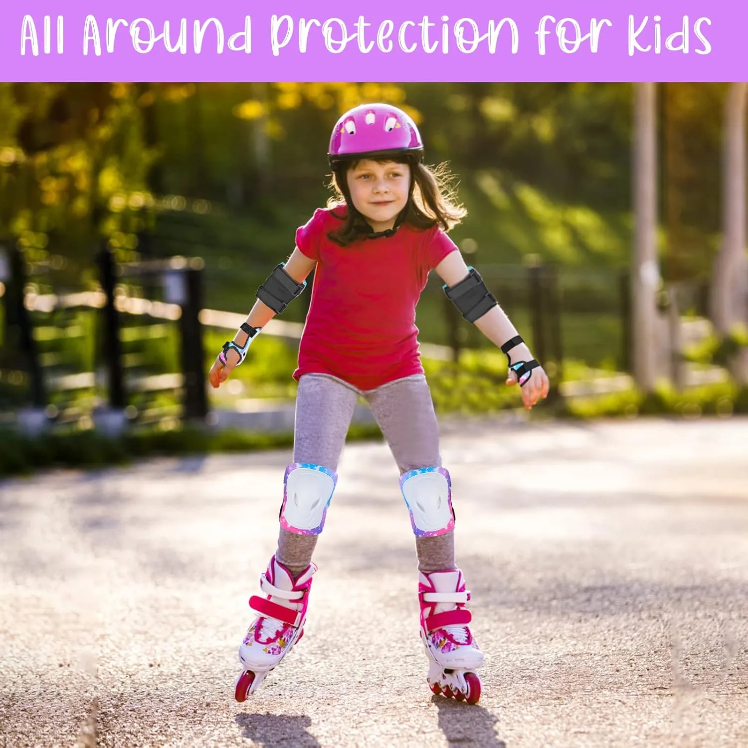 Kids Knee and Elbow Pads Set, 7 in 1 Skating Protective Gear for Skateboard, Roller Skating, Scooter, Cycling, 3-8 Years