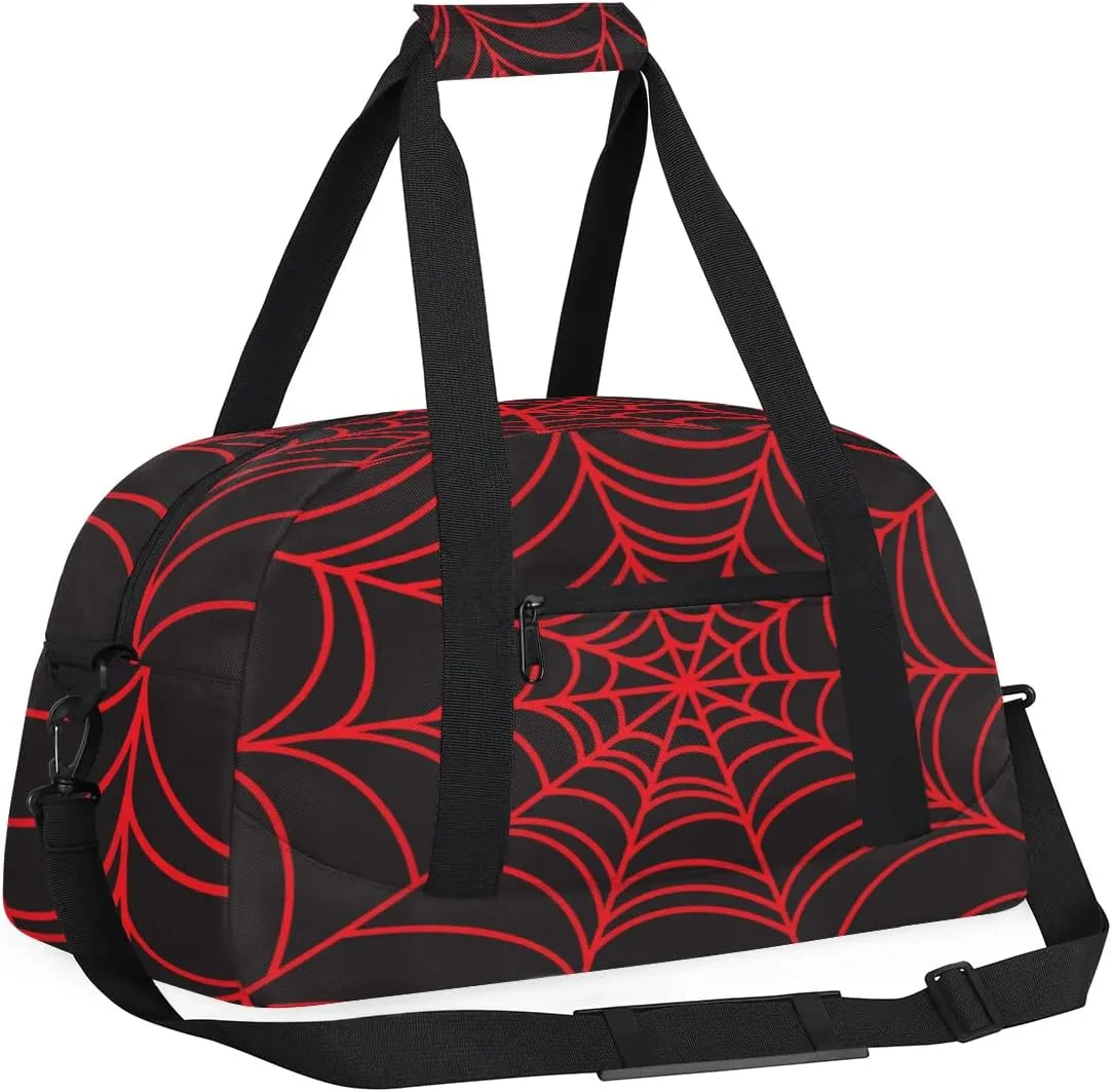 Kids Overnighter Duffel Bags for Boys Girls, Black Spider Web Carry-On Size Sports Gym Bag with Front Zipper Pocket for School Practice or Overnight Travel Weekender Sleepover Tote Bag