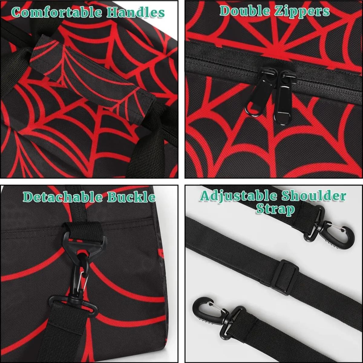 Kids Overnighter Duffel Bags for Boys Girls, Black Spider Web Carry-On Size Sports Gym Bag with Front Zipper Pocket for School Practice or Overnight Travel Weekender Sleepover Tote Bag