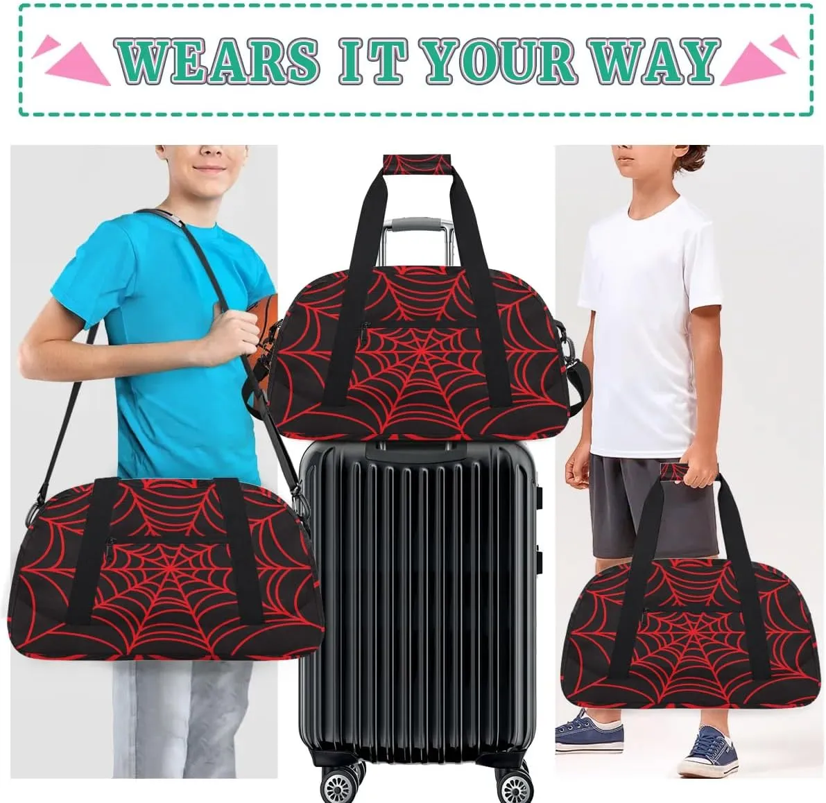 Kids Overnighter Duffel Bags for Boys Girls, Black Spider Web Carry-On Size Sports Gym Bag with Front Zipper Pocket for School Practice or Overnight Travel Weekender Sleepover Tote Bag