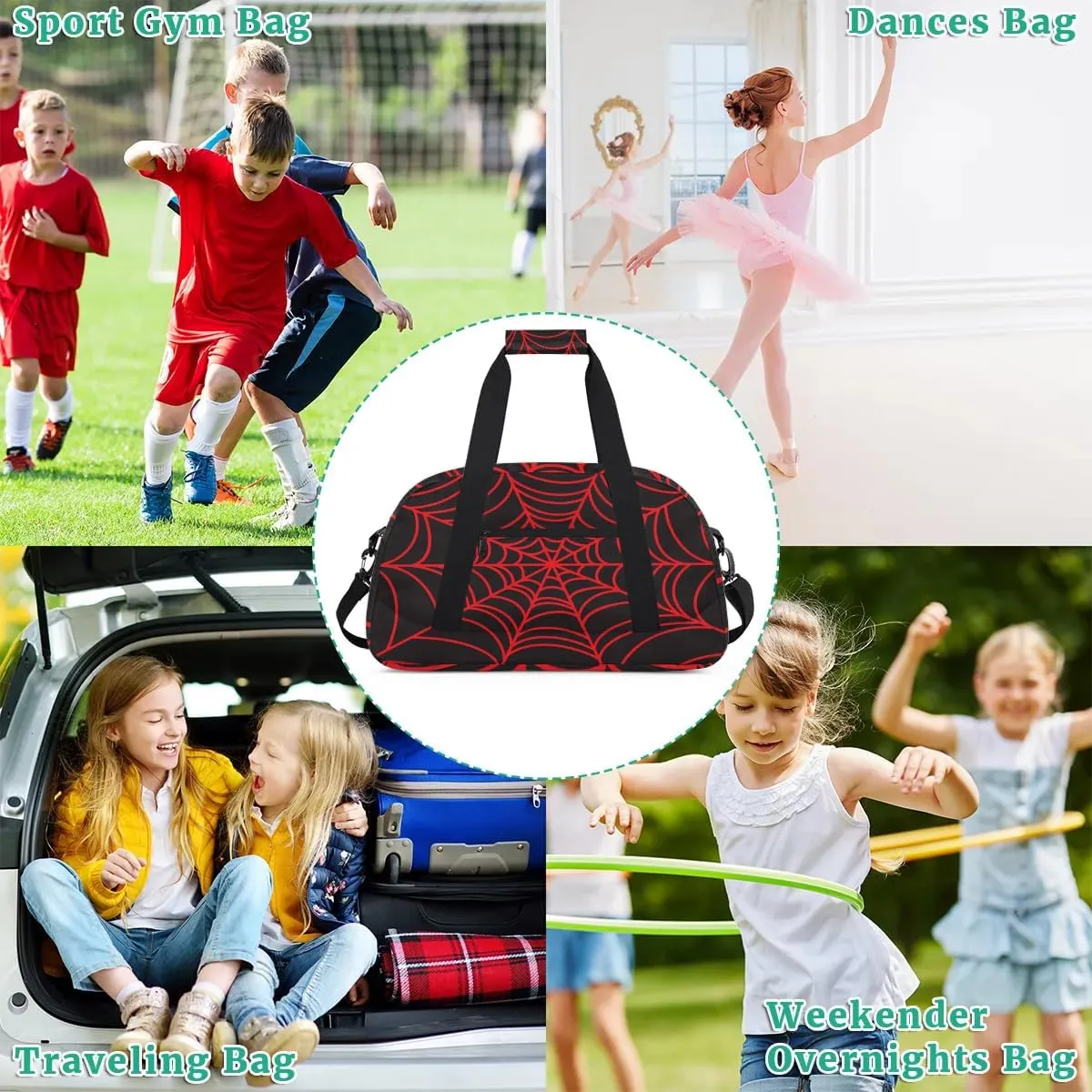 Kids Overnighter Duffel Bags for Boys Girls, Black Spider Web Carry-On Size Sports Gym Bag with Front Zipper Pocket for School Practice or Overnight Travel Weekender Sleepover Tote Bag