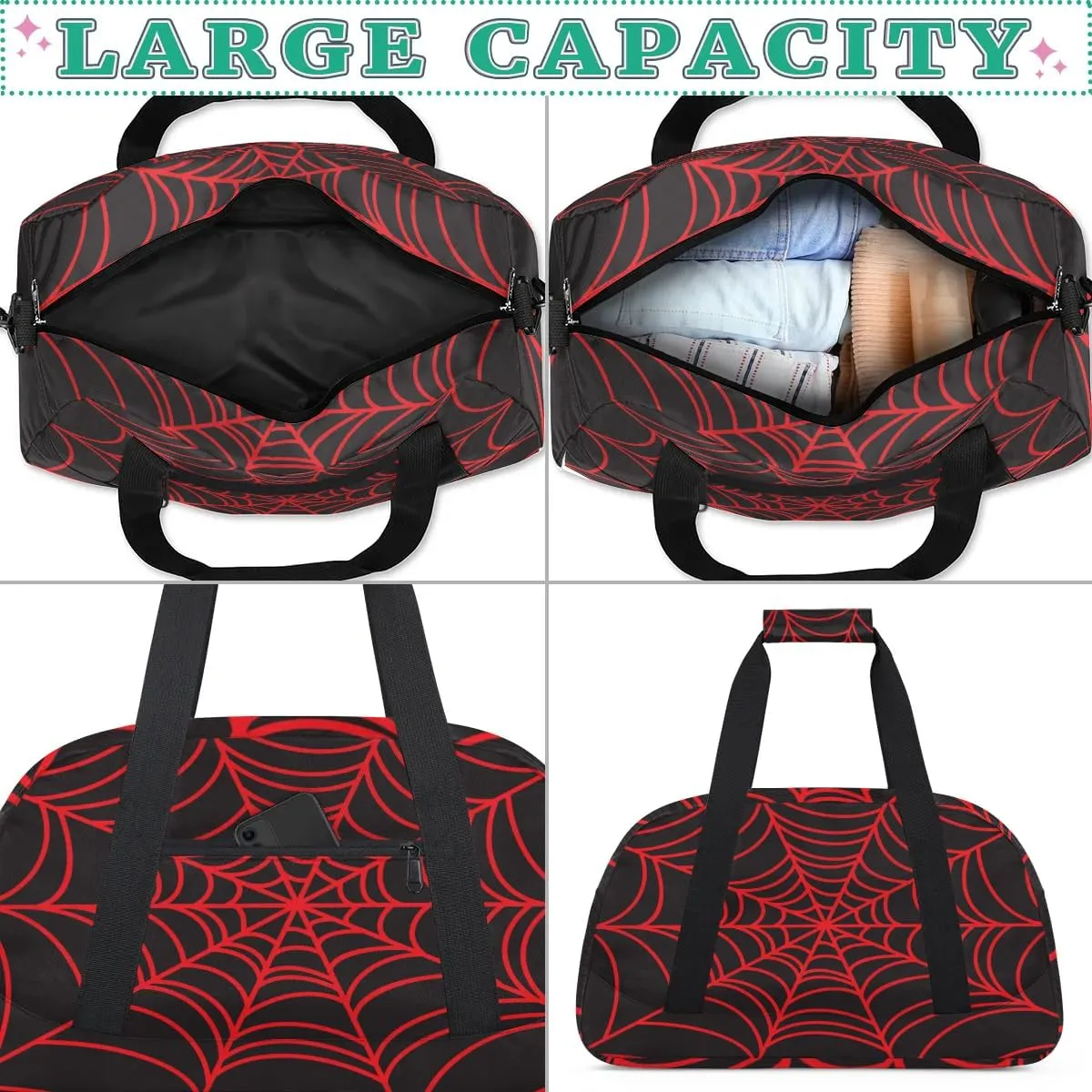 Kids Overnighter Duffel Bags for Boys Girls, Black Spider Web Carry-On Size Sports Gym Bag with Front Zipper Pocket for School Practice or Overnight Travel Weekender Sleepover Tote Bag