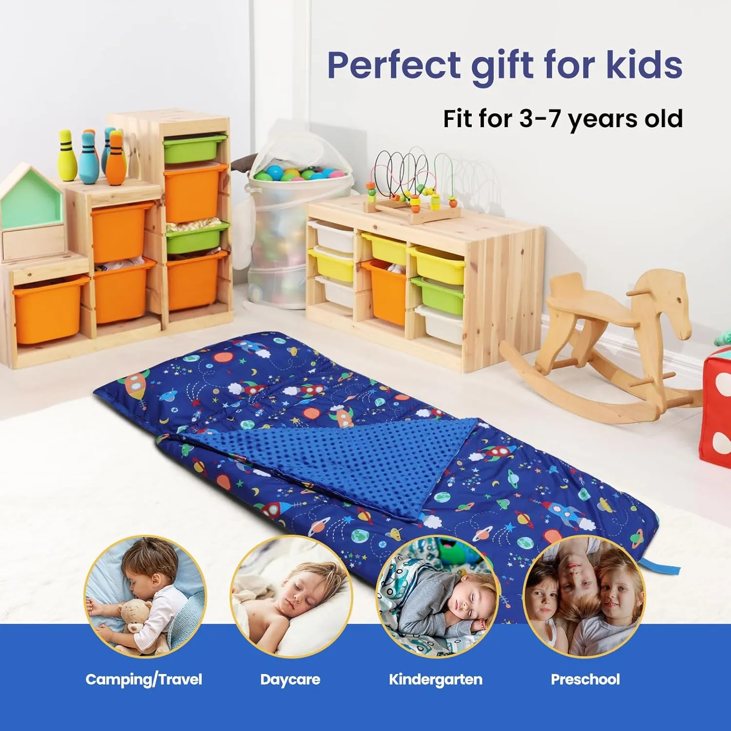 Kids Sleeping Bag Nap Mat with Removable Pillow and Blanket,Extra Thick Large 2 in 1 Slumber Bags for Boys Girls,Toddler Nap Mat for Preschool Daycare Travel Camping