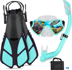 Kids Snorkeling Set - Adjustable Flippers   Panoramic Snorkel Mask   Dry Snorkel Tube   Travel Bags - Suitable for Kids & Juniors, Age 5-14
