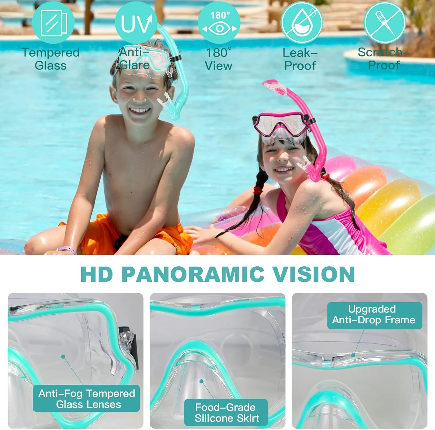 Kids Snorkeling Set - Adjustable Flippers   Panoramic Snorkel Mask   Dry Snorkel Tube   Travel Bags - Suitable for Kids & Juniors, Age 5-14