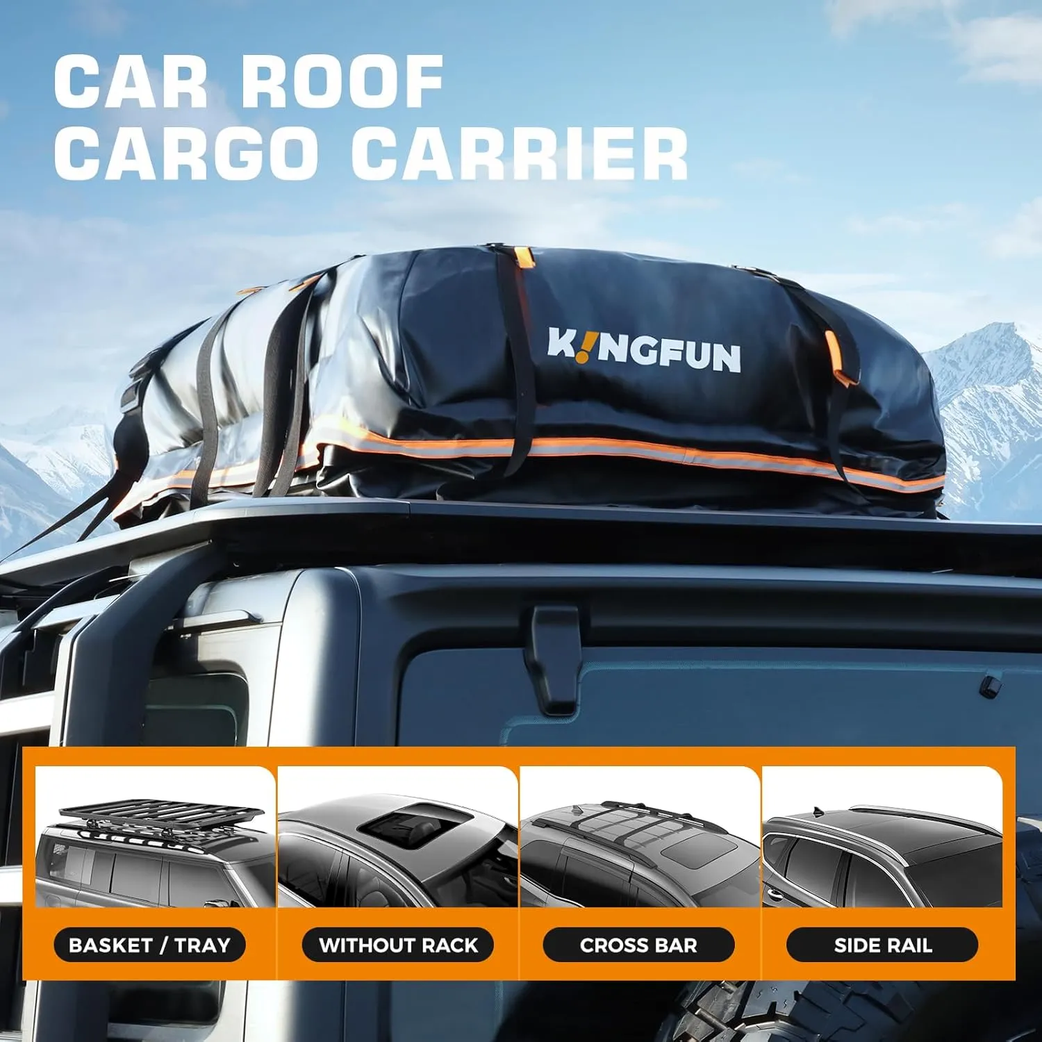 Kingfun Rooftop Cargo Carrier - Waterproof 20 Cubic Feet Car Roof Bag for All Vechicles with/Without Racks, Includes Anti-Slip Mat, 8 Reinforced Straps, 6 Door Hooks, Luggage Lock
