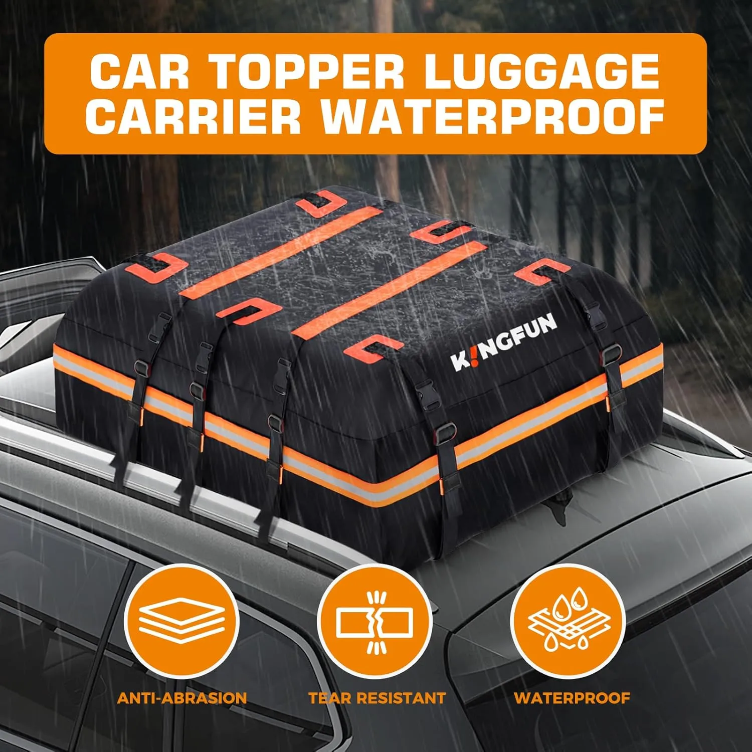 Kingfun Rooftop Cargo Carrier - Waterproof 20 Cubic Feet Car Roof Bag for All Vechicles with/Without Racks, Includes Anti-Slip Mat, 8 Reinforced Straps, 6 Door Hooks, Luggage Lock