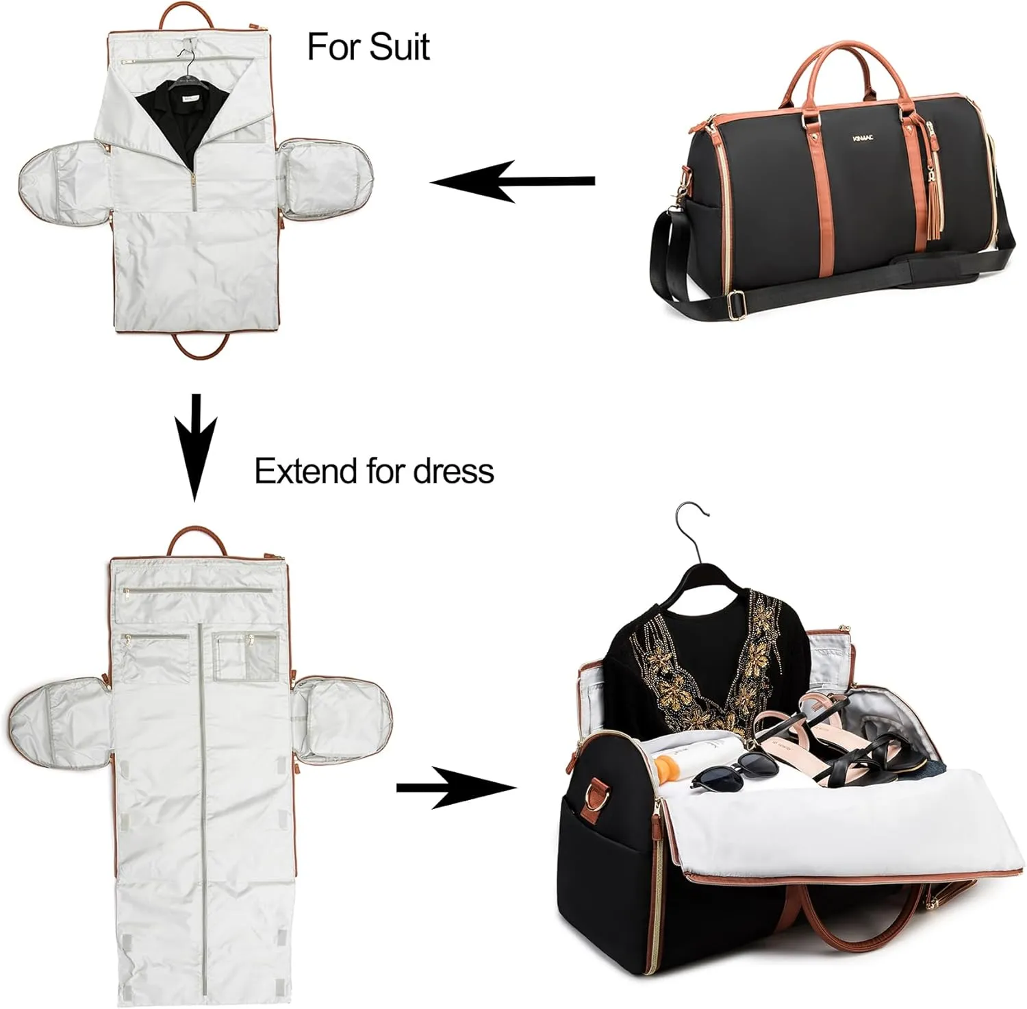 Kinmac 3 in 1 Foldable Garment Bag for Travel, Large Capacity Travel Duffel Bag with Shoe Pouch for Suit and Dress (Black)