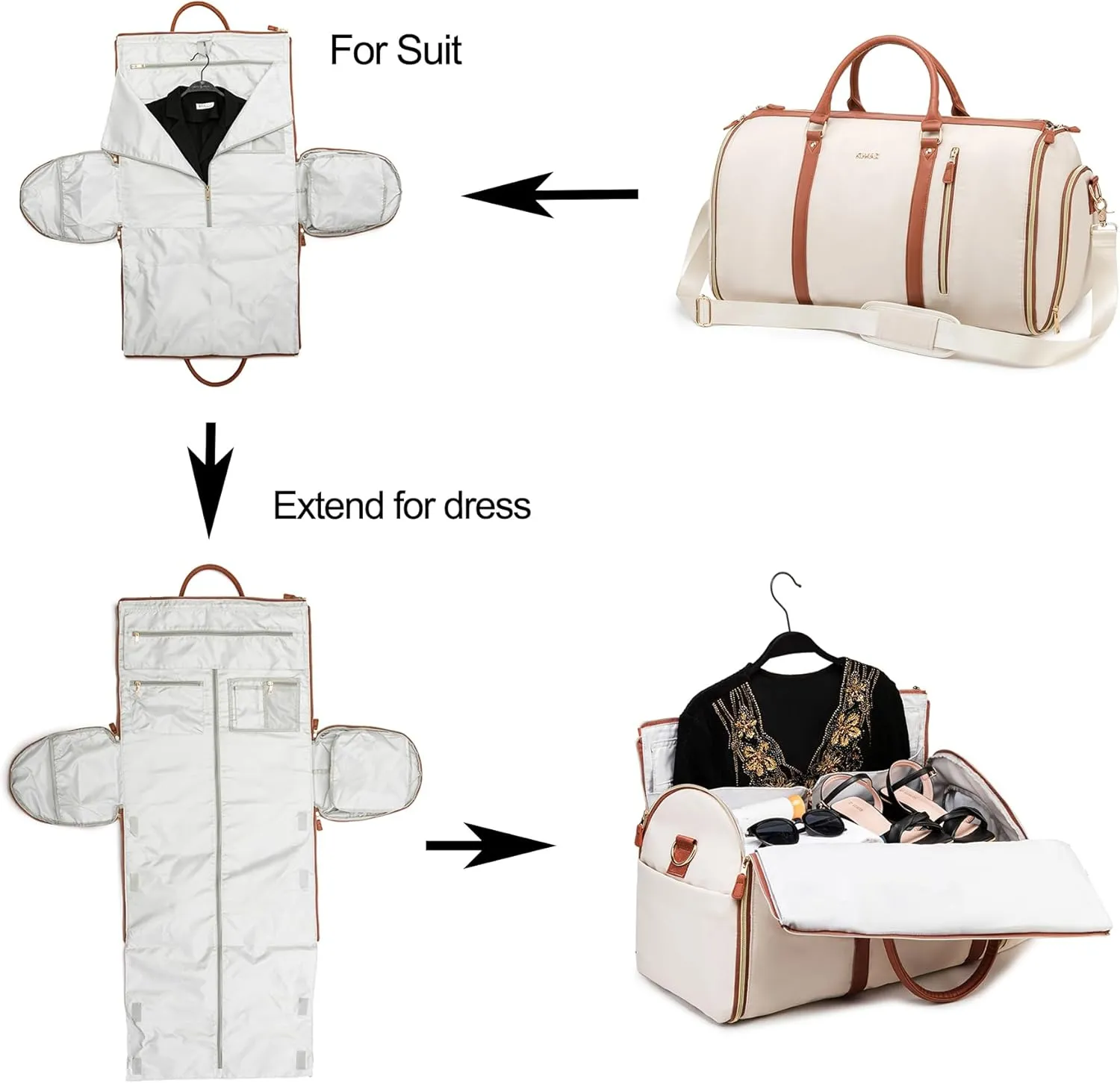 Kinmac 3 in 1 Foldable Garment Bag for Travel, Large Capacity Travel Duffel Bag with Shoe Pouch for Suit and Dress (Kaki)
