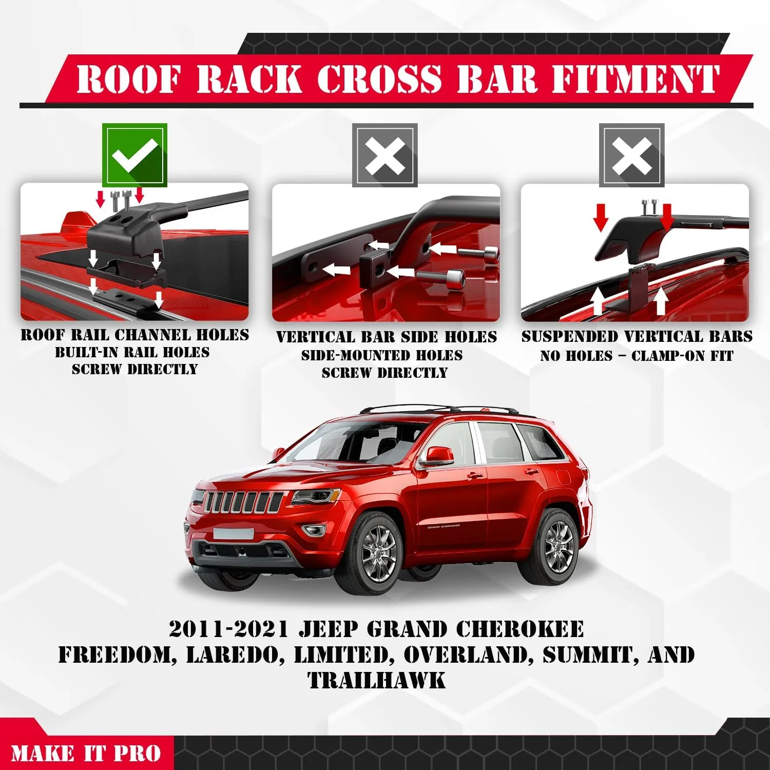KitsPro 260lb Roof Rack Cross Bars for 2011-2021 Jeep Grand Cherokee (ONLY FIT Factory Grooved Side Rails), Matte Black Heavy Duty Aluminum Cargo Crossbar
