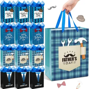 Kolldenn 12 Pcs 13" Large Fathers Day Gift Bags with Tissue Paper Happy Father's Day Gift Bag Bulk 4 Designs Dad Present Wrapping Supplies with Handle for Men Dad Grandpa Party Favor Supplies
