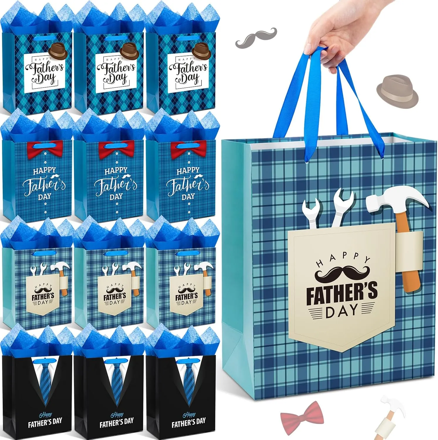 Kolldenn 12 Pcs 13" Large Fathers Day Gift Bags with Tissue Paper Happy Father's Day Gift Bag Bulk 4 Designs Dad Present Wrapping Supplies with Handle for Men Dad Grandpa Party Favor Supplies