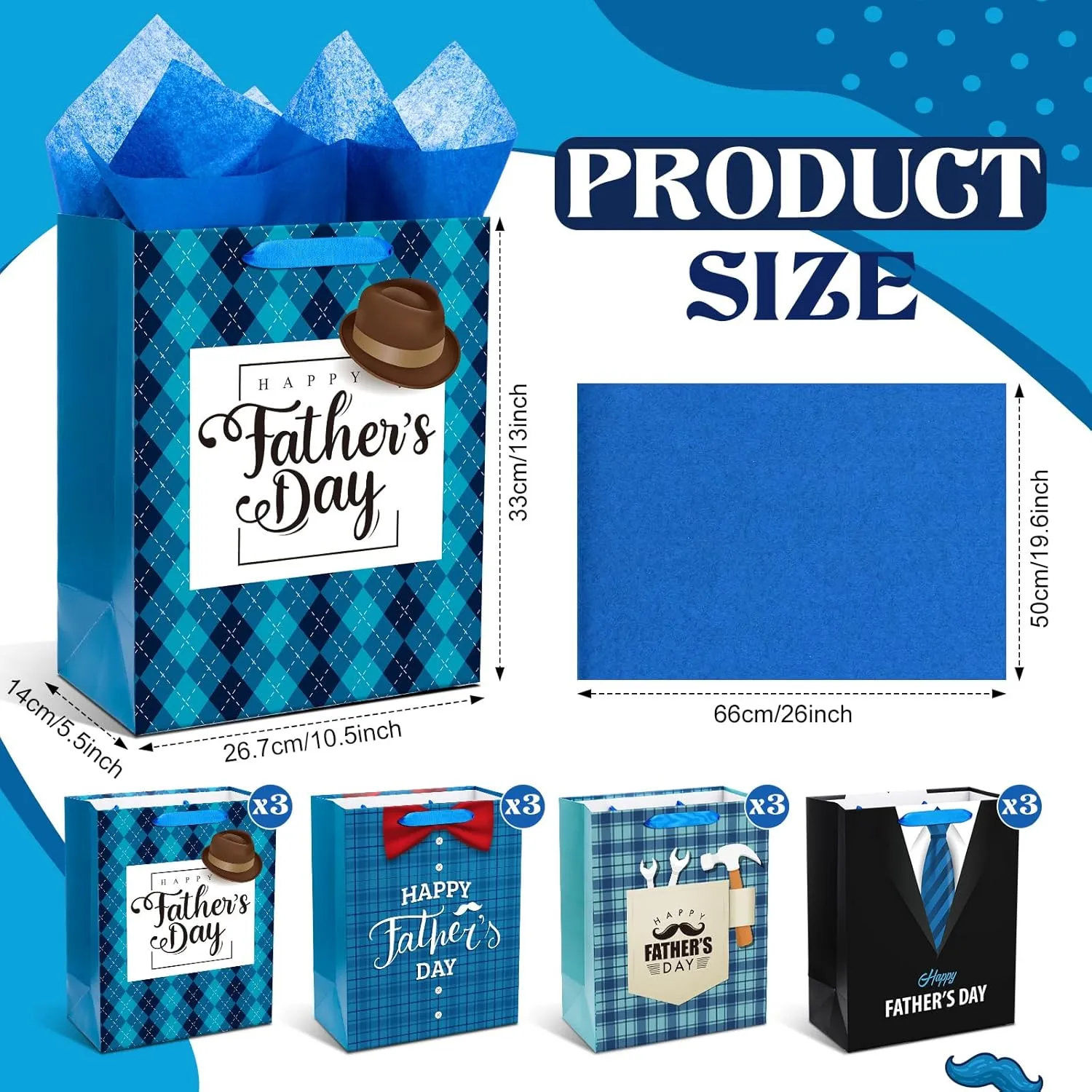 Kolldenn 12 Pcs 13" Large Fathers Day Gift Bags with Tissue Paper Happy Father's Day Gift Bag Bulk 4 Designs Dad Present Wrapping Supplies with Handle for Men Dad Grandpa Party Favor Supplies