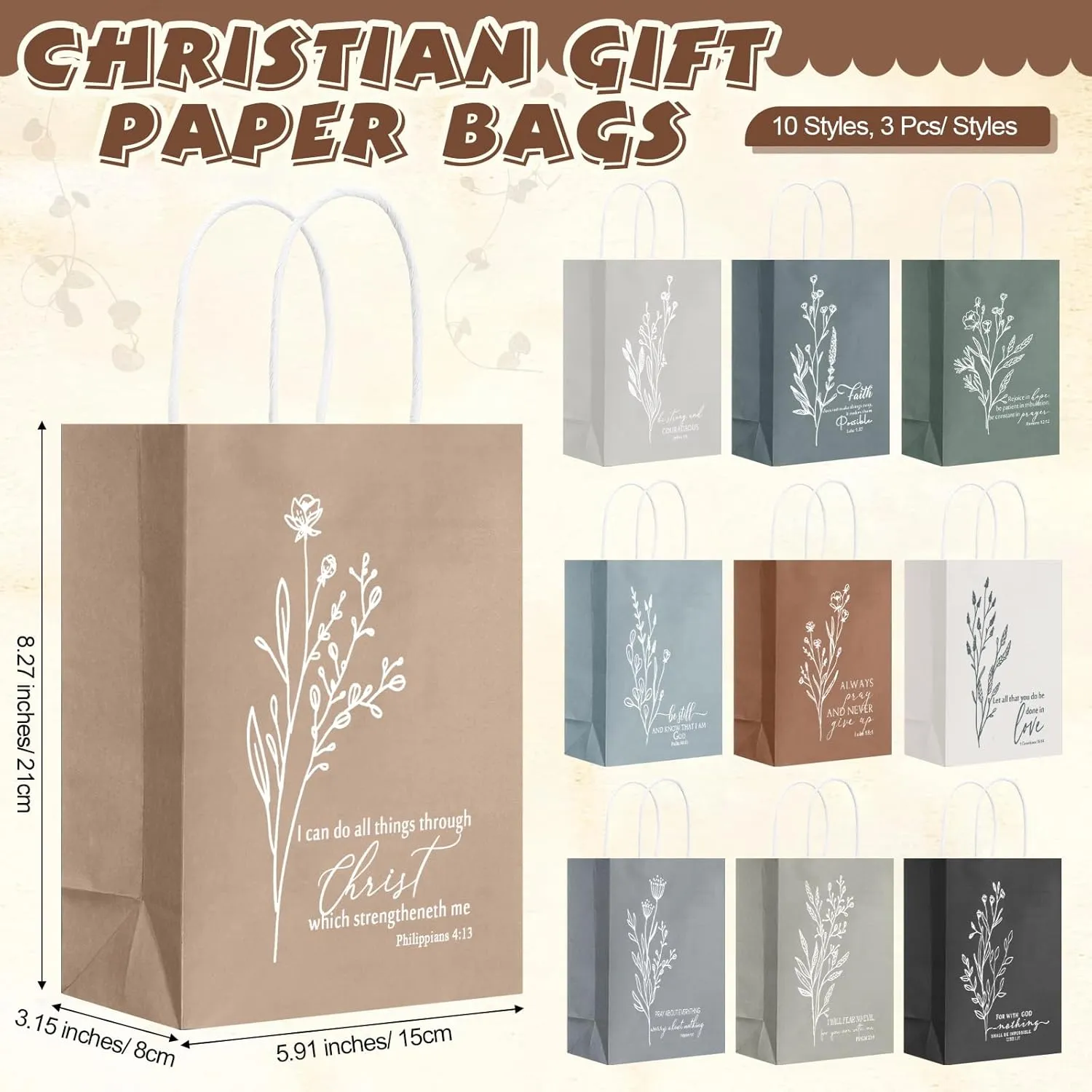 Kolldenn 30 Pcs Christian Bible Verse Gift Bags Religious mother Church Goodie Bags Neutral Aesthetics with Handles for mom Women teacher Wedding Birthday Baptism Wrapping