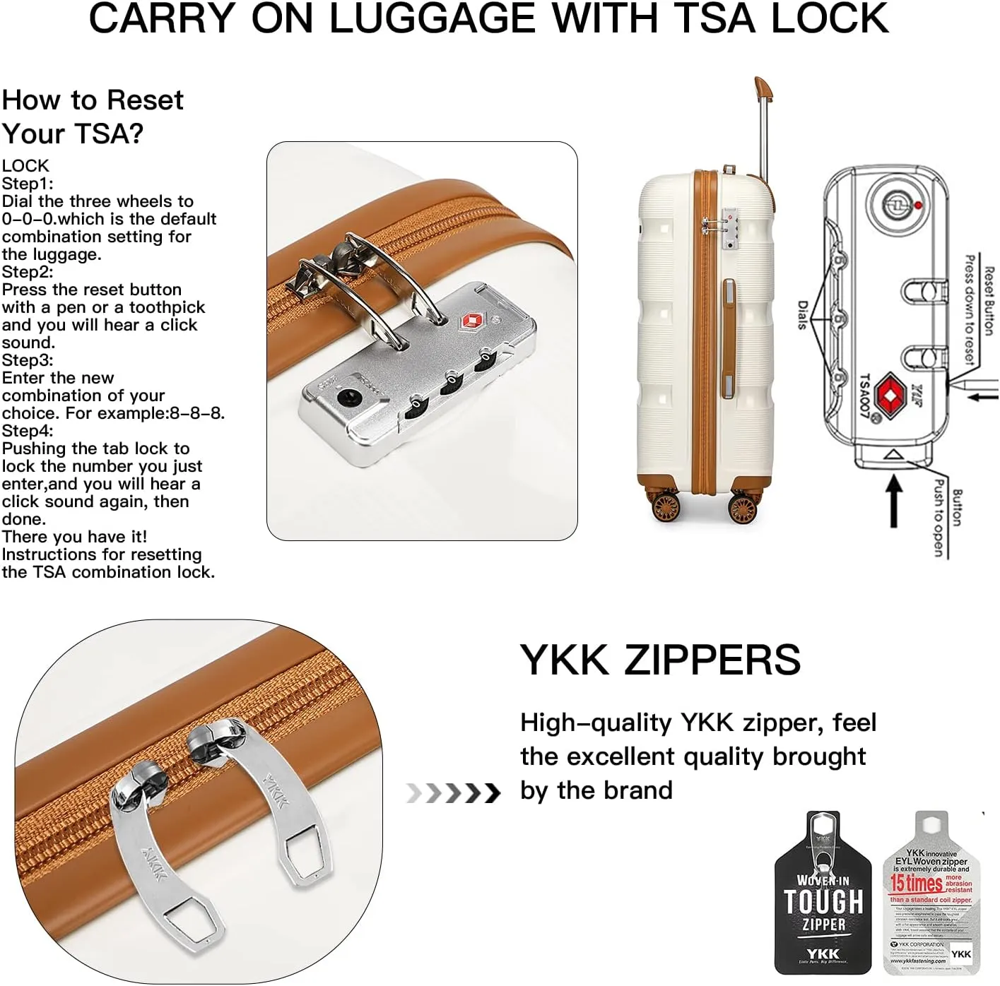 Kono Carry On Luggage Hard Shell Travel Trolley 4 Spinner Wheels Lightweight Polypropylene Suitcase with TSA Lock (Carry-On 21-Inch, Cream White)