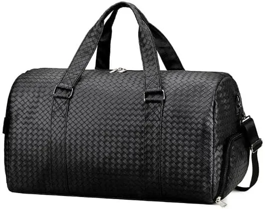 Large Capacity Leather Travel Bag Waterproof Tote Luggage Multifunctional Duffle Bags Shoulder (Black)