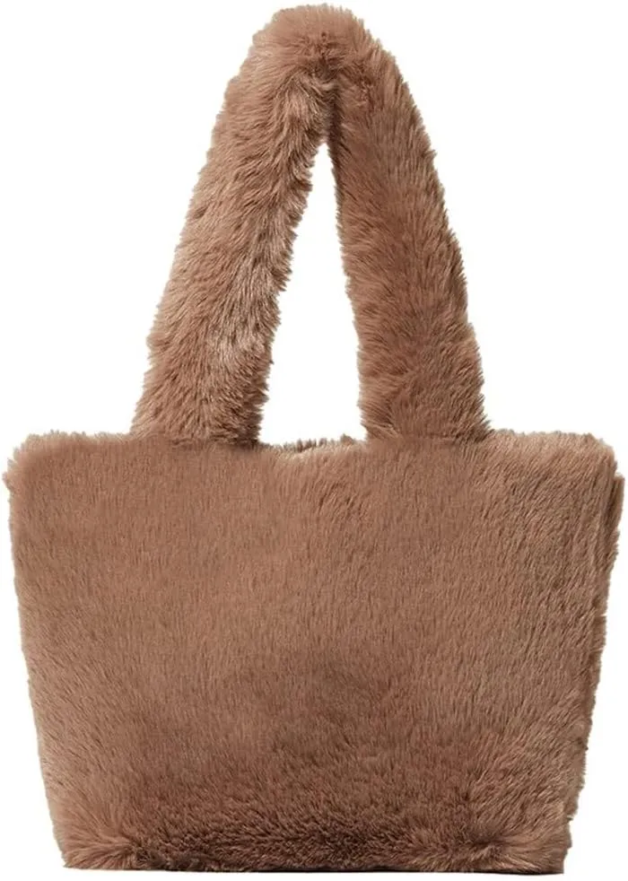 Large Capacity Shoulder Tote Purse Wallet for Autumn and Winter Plush Faux Fur Top Handle Handbag for Women