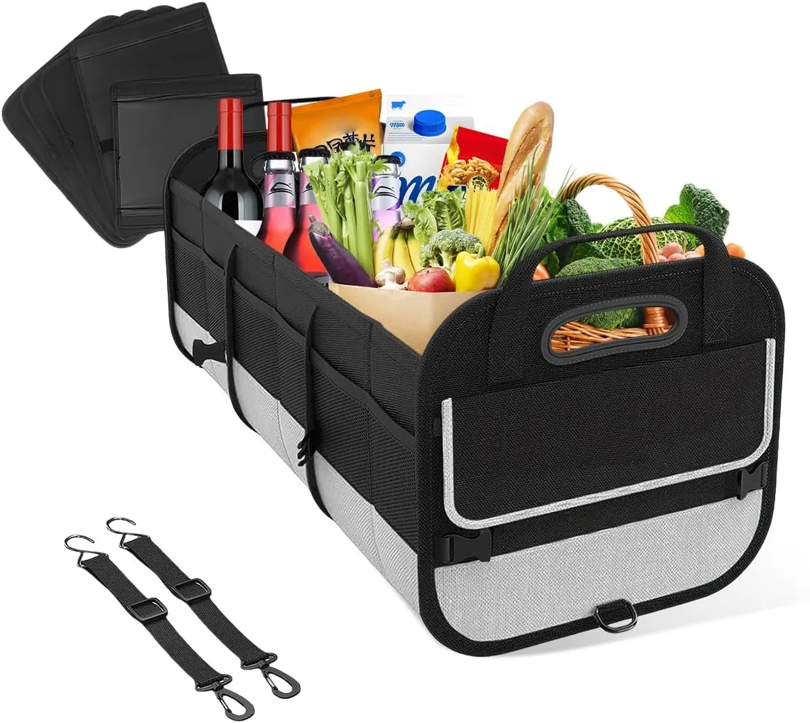 Large Organizer for Car, 95L Stretchable Storage Trunk Organizer with Divided Compartments, Fixed Big Trunk Organizer with Handles & Adjustable Straps, Car Accessories (Black & Gray)
