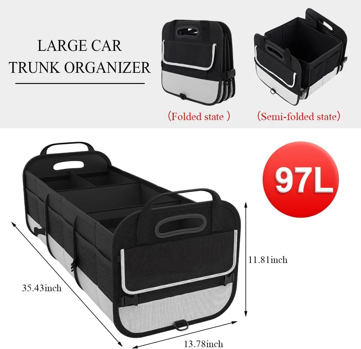 Large Organizer for Car, 95L Stretchable Storage Trunk Organizer with Divided Compartments, Fixed Big Trunk Organizer with Handles & Adjustable Straps, Car Accessories (Black & Gray)