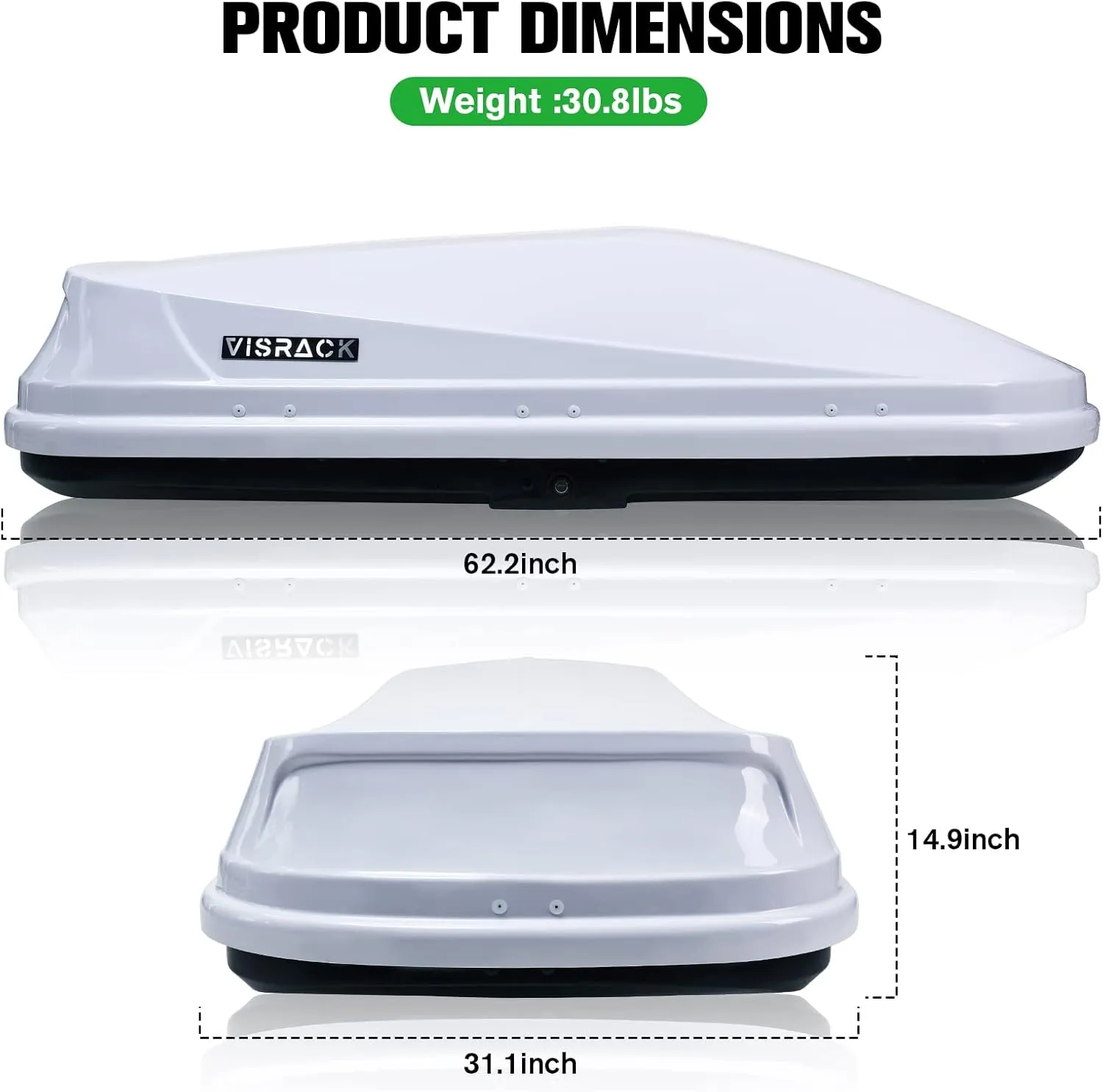 Large Rooftop Cargo Carrier Box, Heavy Duty Hard Shell Roof with Security Keys, Waterproof Rooftop Cargo Box, 62 (L) x 31 (W) x 15(H) Inches, 16 Cubic Feet (Tool-Free Install), White