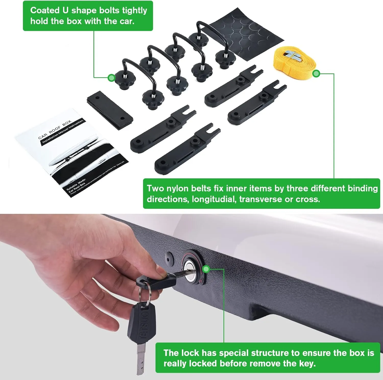 Large Rooftop Cargo Carrier Box, Heavy Duty Hard Shell Roof with Security Keys, Waterproof Rooftop Cargo Box, 62 (L) x 31 (W) x 15(H) Inches, 16 Cubic Feet (Tool-Free Install), White