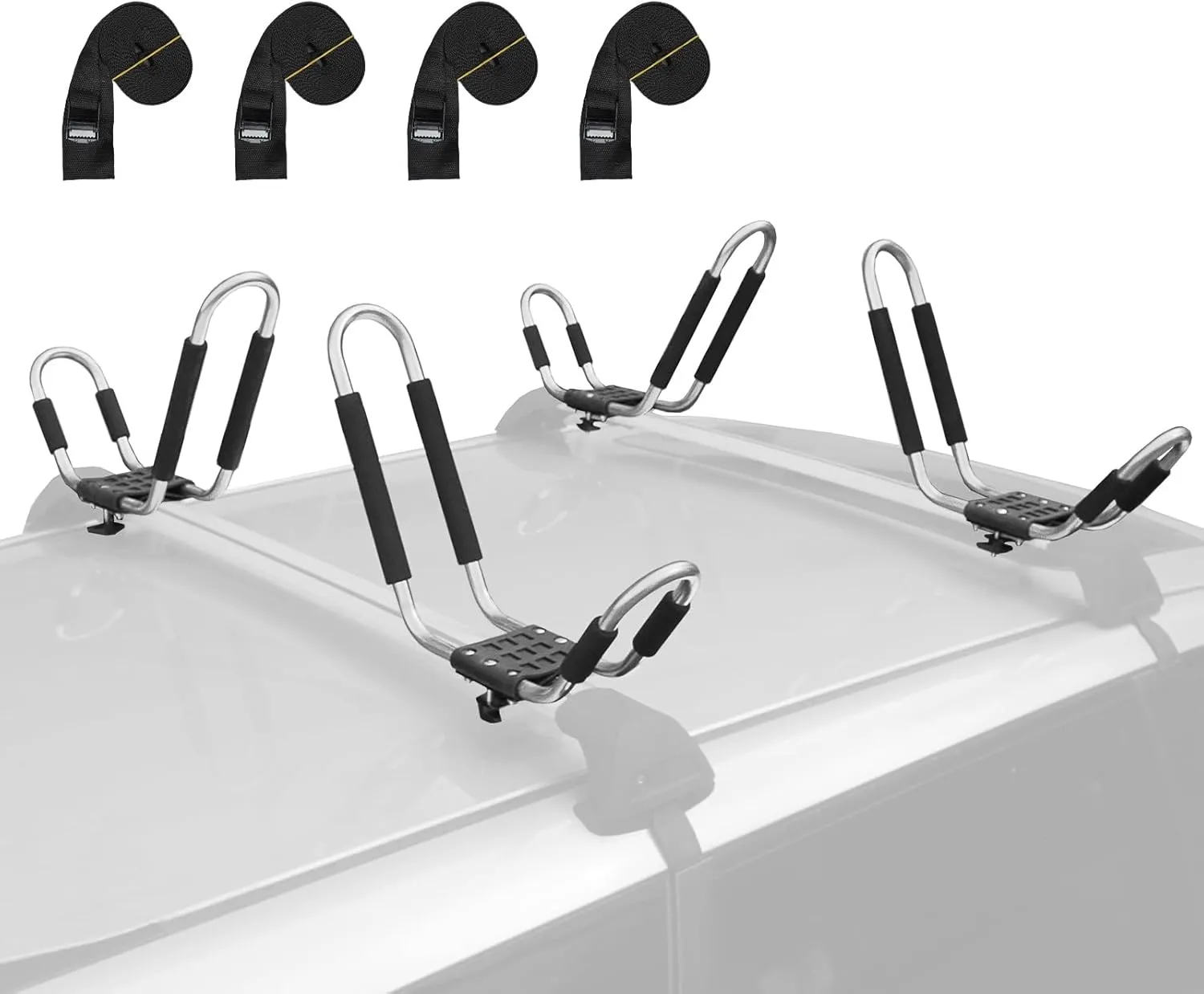 Leader Accessories Kayak Roof Rack - 2 Pair Heavy Duty Stainless Steel J Bars for Canoe, Surf Board, SUP - Mounts on Roof Crossbar with 4 Tie Down Straps, Fits Cars, SUVs, Trucks