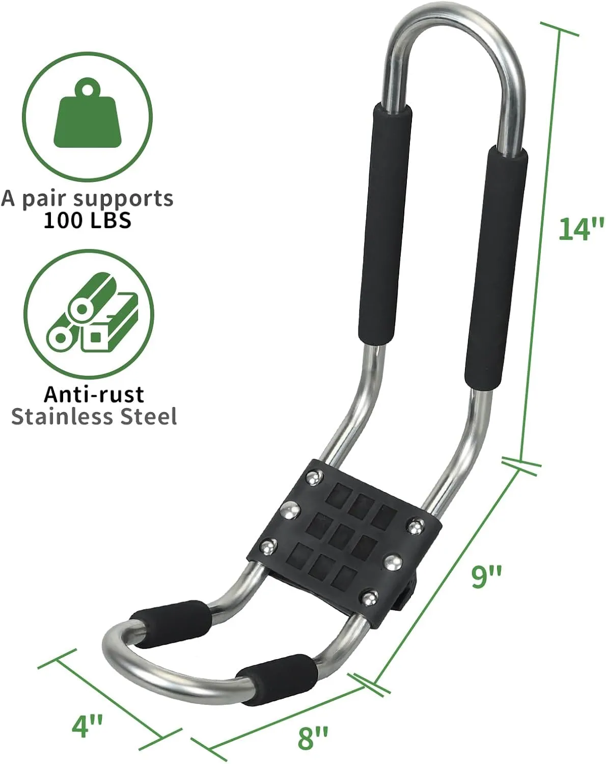 Leader Accessories Kayak Roof Rack - 2 Pair Heavy Duty Stainless Steel J Bars for Canoe, Surf Board, SUP - Mounts on Roof Crossbar with 4 Tie Down Straps, Fits Cars, SUVs, Trucks