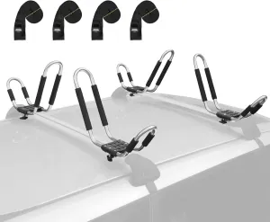 Leader Accessories Kayak Roof Rack - 2 Pair Heavy Duty Stainless Steel J Bars for Canoe, Surf Board, SUP - Mounts on Roof Crossbar with 4 Tie Down Straps, Fits Cars, SUVs, Trucks