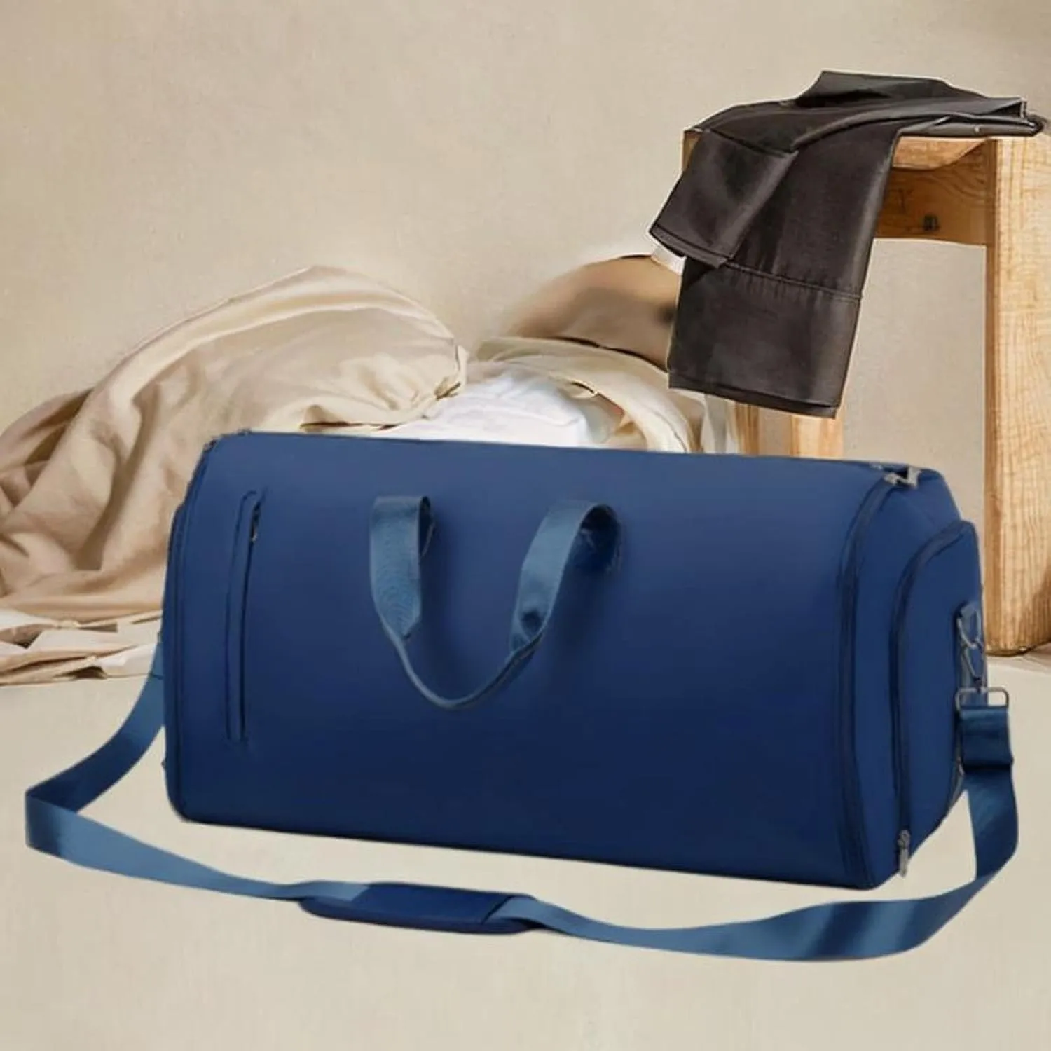 Leather Duffle Bag Shoulder Bag Business Travel Bag for for Men Women Holiday, Dark Blue
