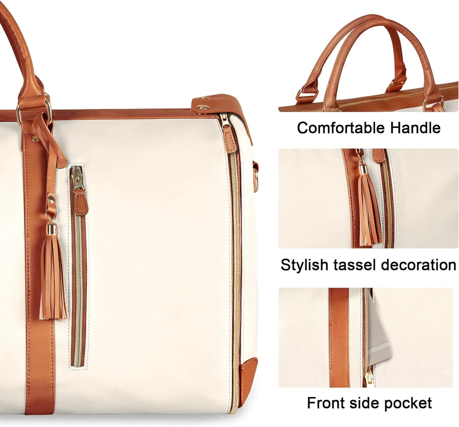 Leather Garment Bag for Travel, Carry On Foldable Suit Carrier with Shoulder Strap/Multiple Pockets,BusinessTrips&Weekend Getaways,Garment Duffel Bag for Travel Gym (Beige)
