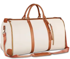 Leather Garment Bag for Travel, Carry On Foldable Suit Carrier with Shoulder Strap/Multiple Pockets,BusinessTrips&Weekend Getaways,Garment Duffel Bag for Travel Gym (Beige)