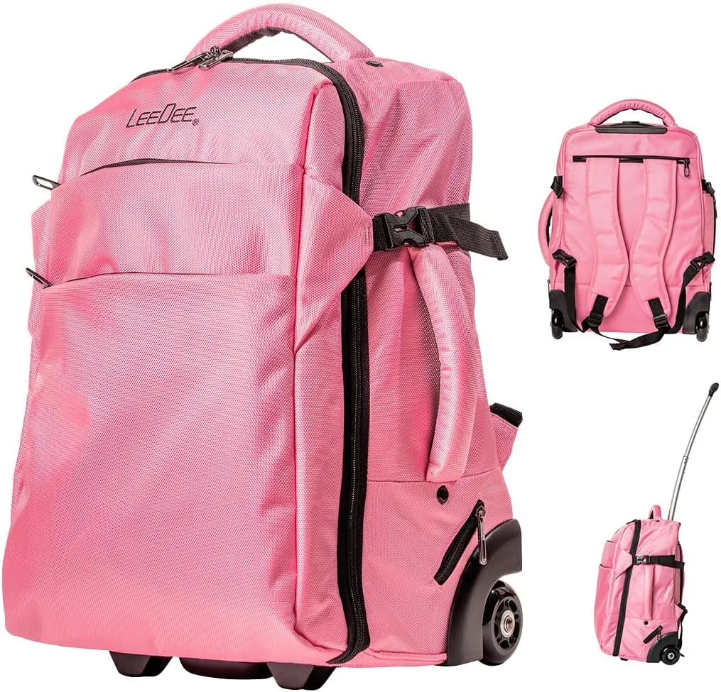 LeeDee Rolling Backpack, Wheeled backpack, Backpack with wheels, Business, Travel, Laptop, Carry-on luggage (SakuraPink)