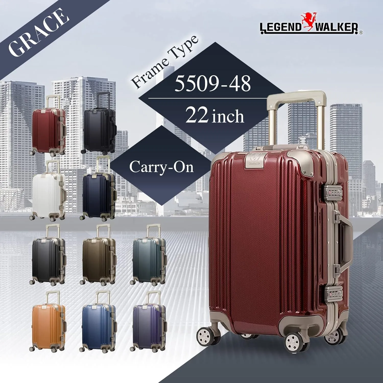 LEGEND WALKER Durable Aluminum Frame Luggage 21-inch, Shiny Graphite, 5509-48-GM