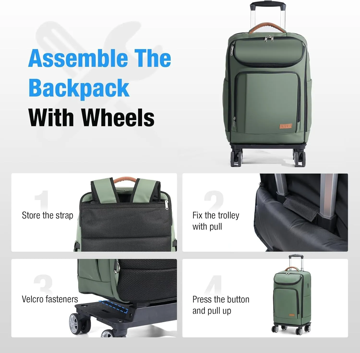 Lekebobor Travel Rolling Backpack, 18 inch Waterproof Bag with 360° Wheels for 15.6" Laptop, Convertible Airline Approved Travel Back Pack for Men & Women, Business, Commuter