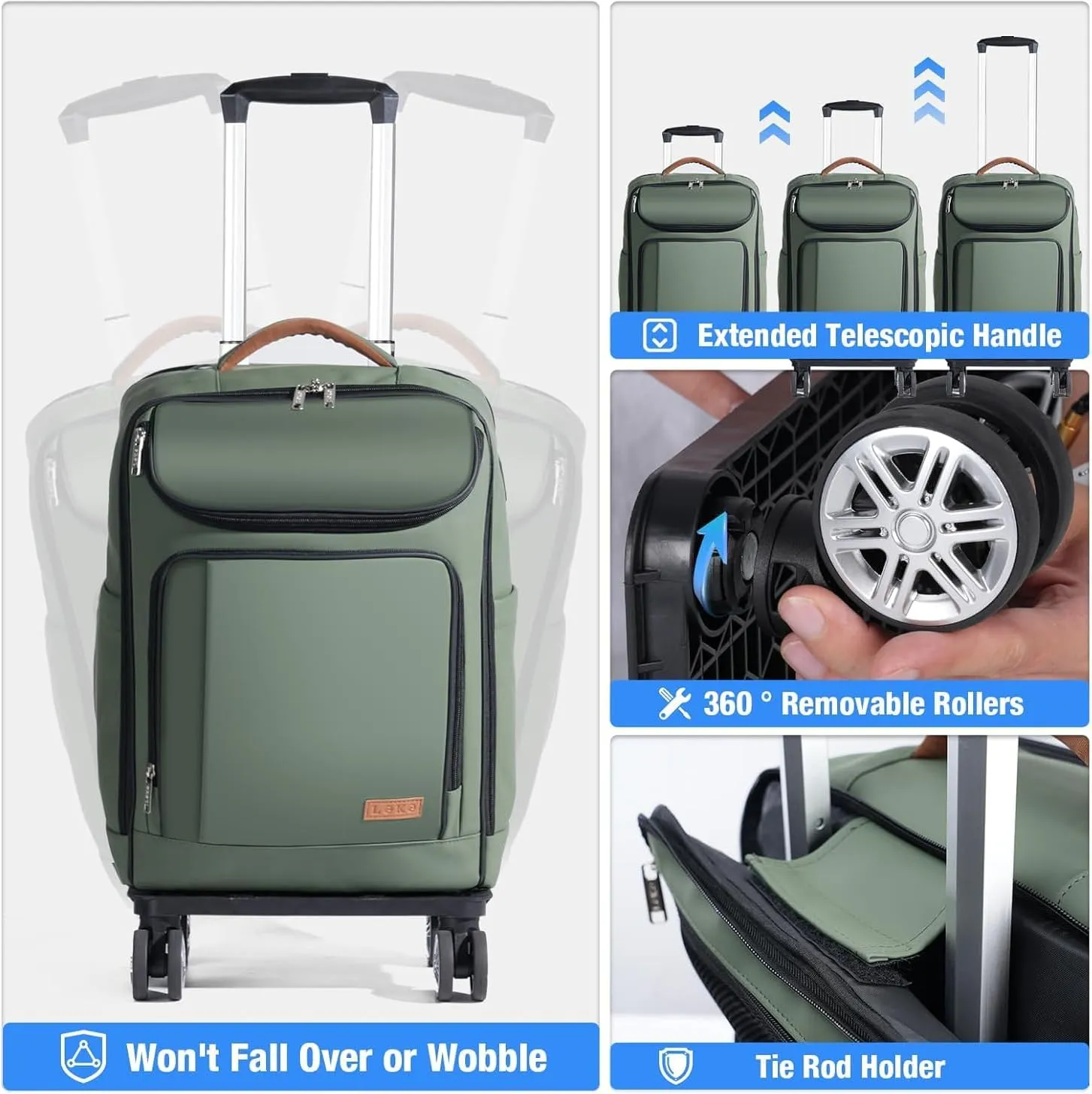 Lekebobor Travel Rolling Backpack, 18 inch Waterproof Bag with 360° Wheels for 15.6" Laptop, Convertible Airline Approved Travel Back Pack for Men & Women, Business, Commuter