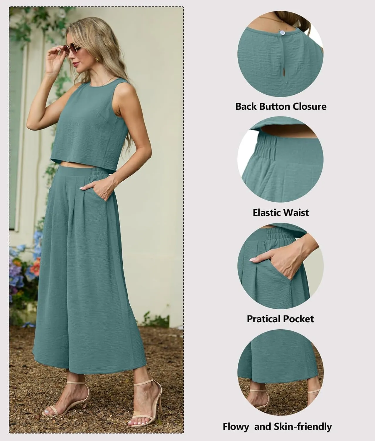Lepunuo Womens Summer 2 Piece Outfits Sleeveless Crop Top Flowy Wide Leg Pants Matching Sets Vacation Beach Travel Outfits