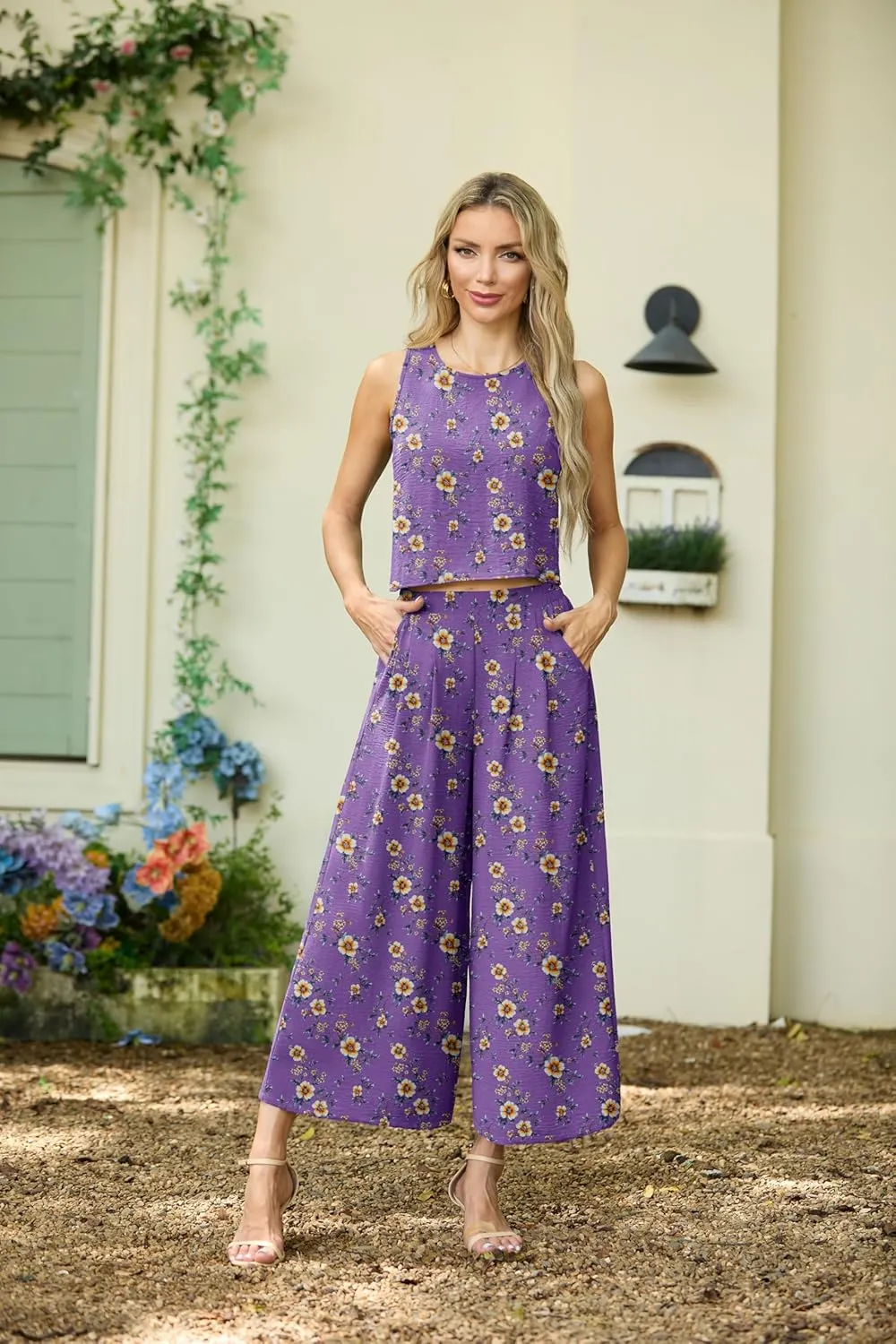 Lepunuo Womens Summer 2 Piece Outfits Sleeveless Crop Top Flowy Wide Leg Pants Matching Sets Vacation Beach Travel Outfits
