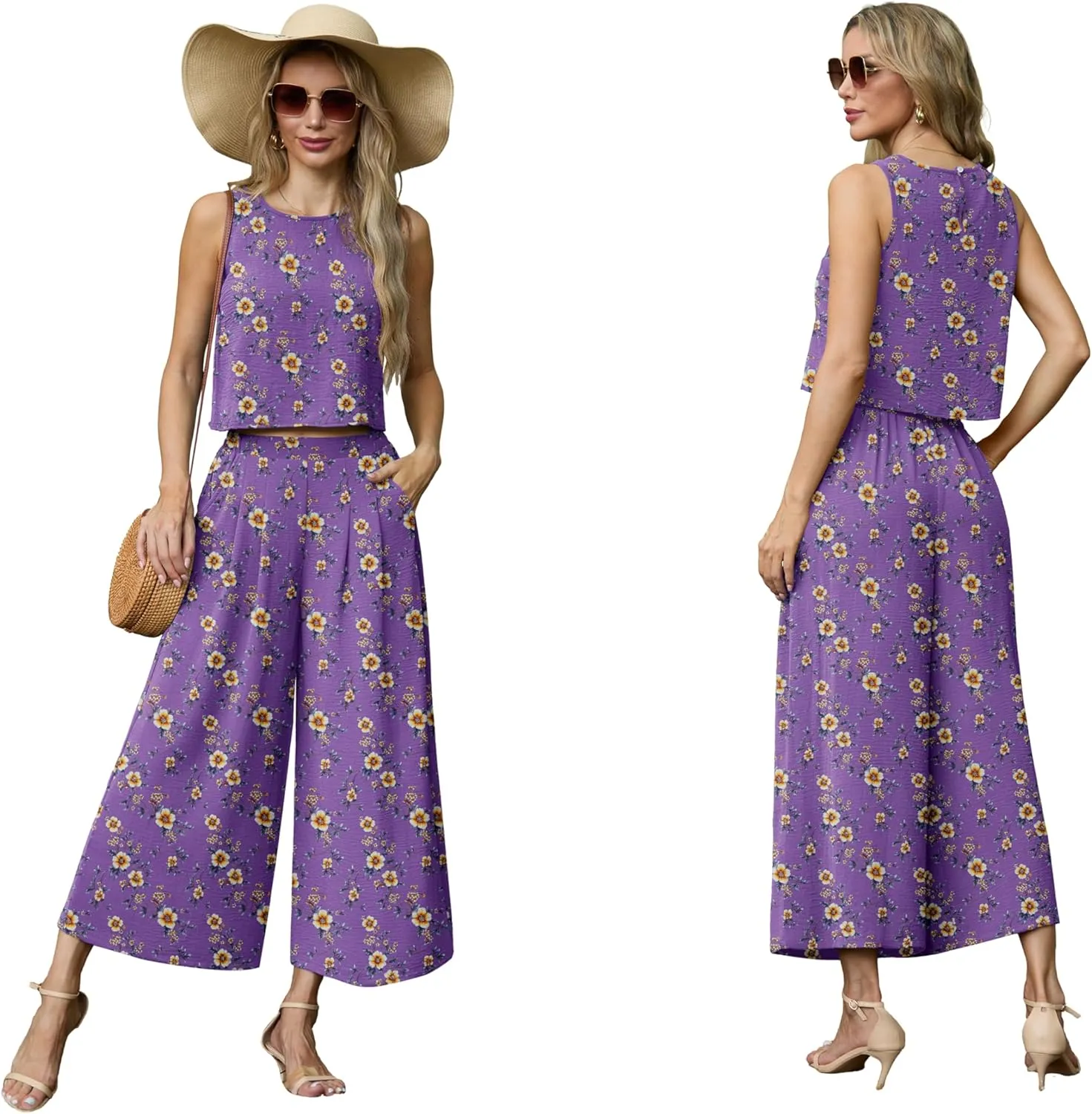 Lepunuo Womens Summer 2 Piece Outfits Sleeveless Crop Top Flowy Wide Leg Pants Matching Sets Vacation Beach Travel Outfits