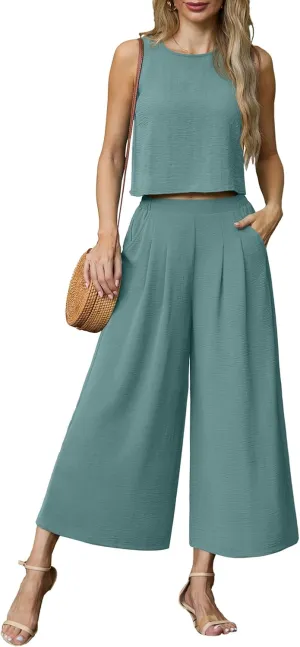 Lepunuo Womens Summer 2 Piece Outfits Sleeveless Crop Top Flowy Wide Leg Pants Matching Sets Vacation Beach Travel Outfits