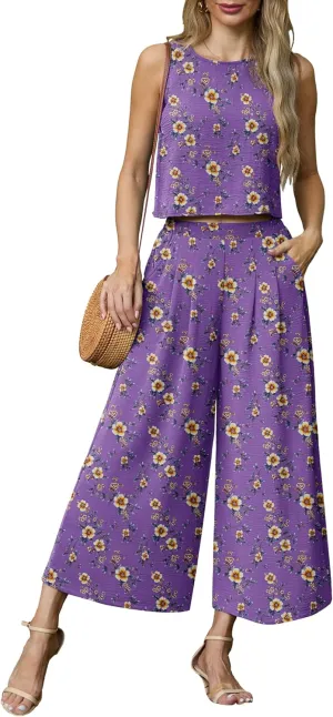 Lepunuo Womens Summer 2 Piece Outfits Sleeveless Crop Top Flowy Wide Leg Pants Matching Sets Vacation Beach Travel Outfits