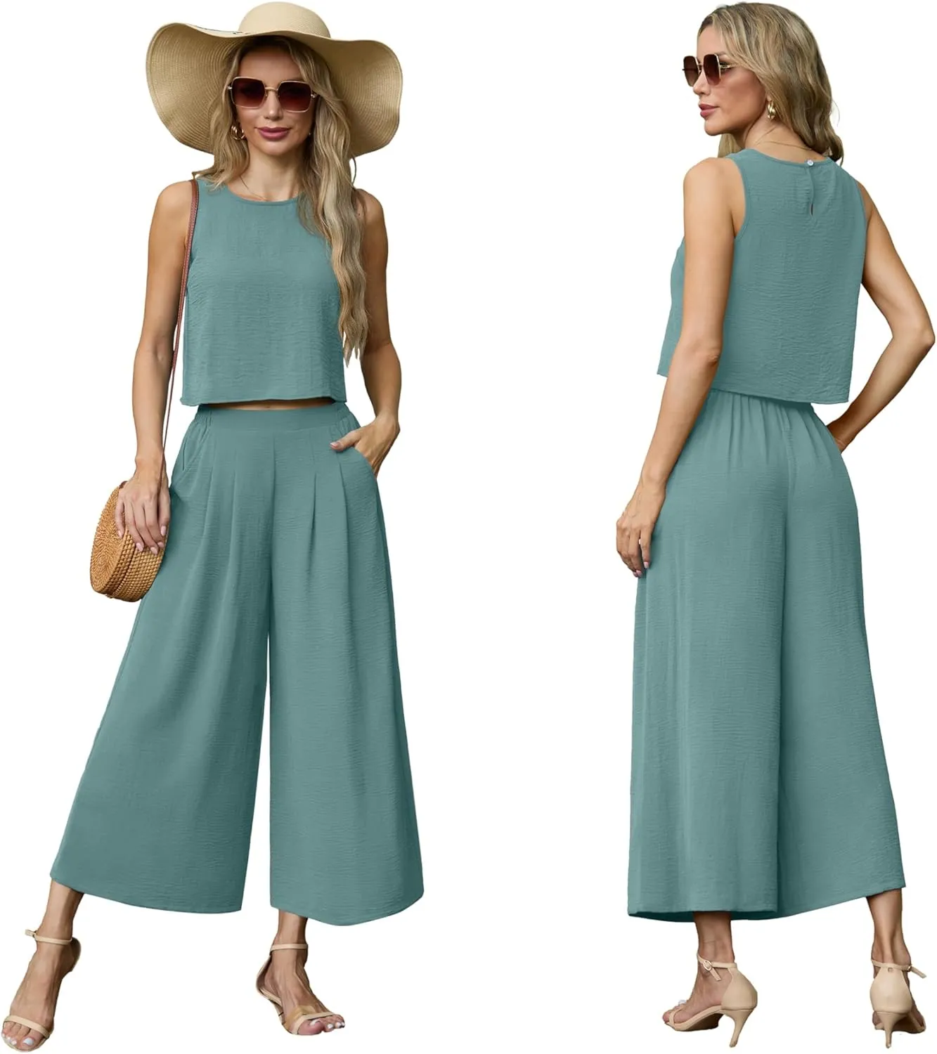 Lepunuo Womens Summer 2 Piece Outfits Sleeveless Crop Top Flowy Wide Leg Pants Matching Sets Vacation Beach Travel Outfits