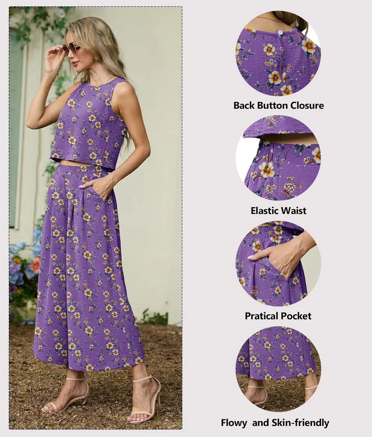 Lepunuo Womens Summer 2 Piece Outfits Sleeveless Crop Top Flowy Wide Leg Pants Matching Sets Vacation Beach Travel Outfits