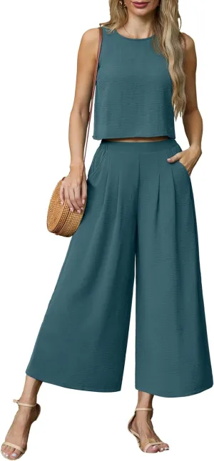 Lepunuo Womens Summer 2 Piece Outfits Sleeveless Crop Top Flowy Wide Leg Pants Matching Sets Vacation Beach Travel Outfits