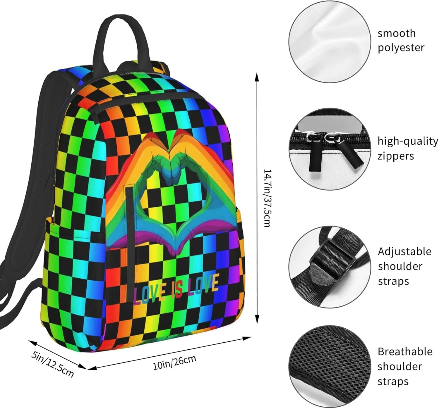 LGBT Rainbow Gay Pride Love Is Love Heart Gesture Travel Laptop Backpack Casual Backpacks Double Shoulder Daypack Notebook Rucksack Work Bags Sports Bag for Hiking Camping Beach