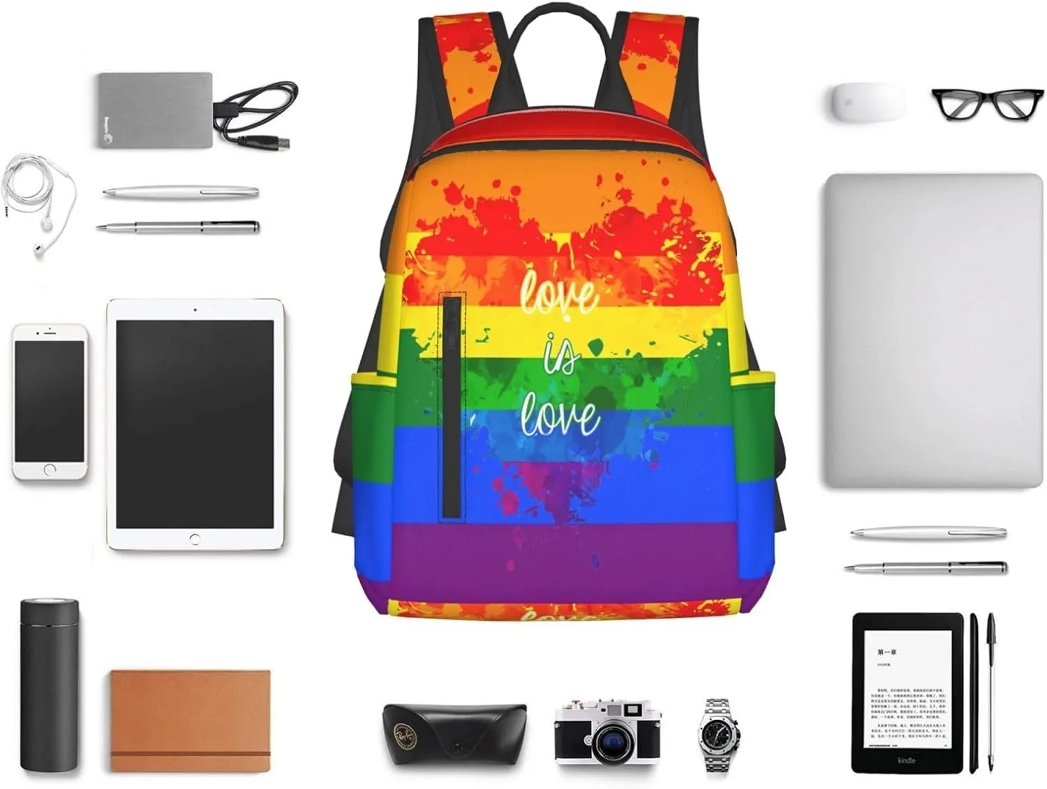 LGBT Rainbow Gay Pride Love Is Love Ink Splash Heart Travel Laptop Backpack Casual Backpacks Double Shoulder Daypack Notebook Rucksack Work Bags Sports Bag for Hiking Camping Beach