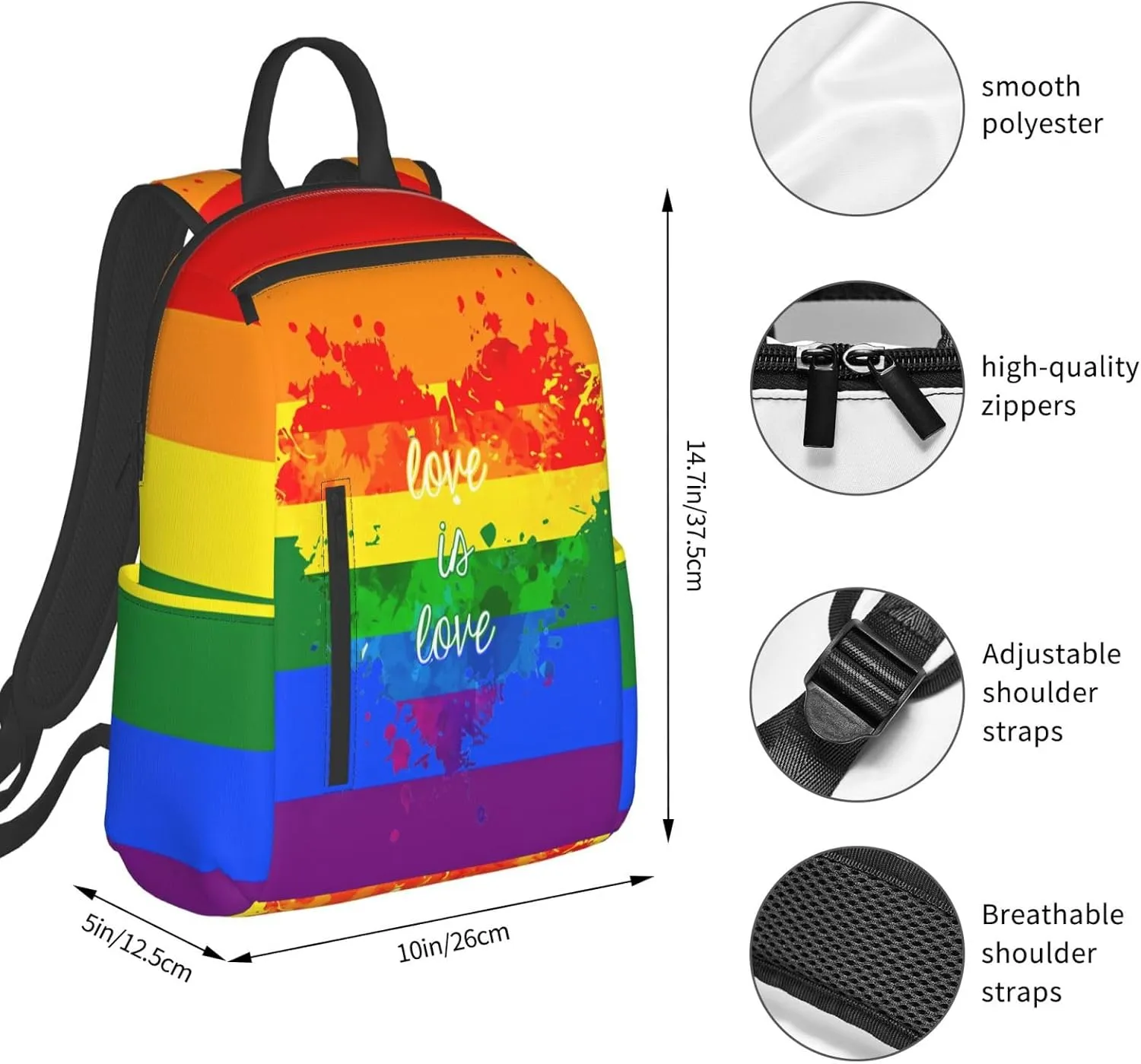 LGBT Rainbow Gay Pride Love Is Love Ink Splash Heart Travel Laptop Backpack Casual Backpacks Double Shoulder Daypack Notebook Rucksack Work Bags Sports Bag for Hiking Camping Beach