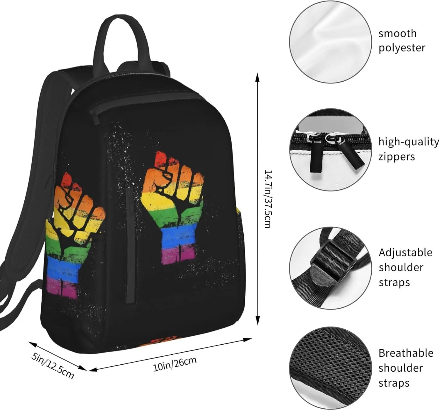 LGBT Rainbow Gay Pride Make A Fist Raise Your Hand Travel Laptop Backpack Casual Backpacks Double Shoulder Daypack Notebook Rucksack Work Bags Sports Bag for Hiking Camping Beach