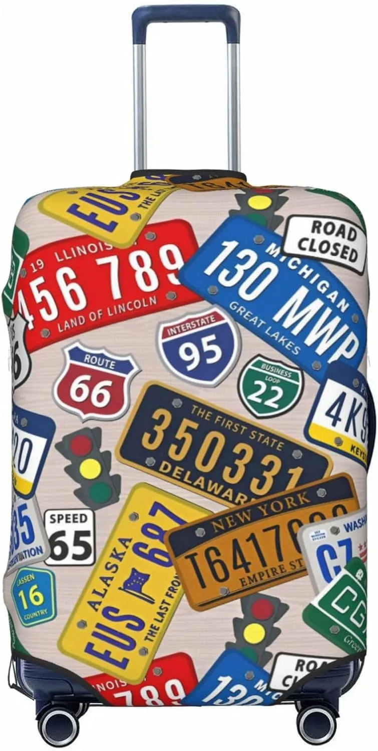 License Plate Print Travel Luggage Cover Fits 18-32 Inch Luggage, Stretchy Suitcase Cover Protector with Concealed Zipper for Wheeled Suitcase Tsa Approved